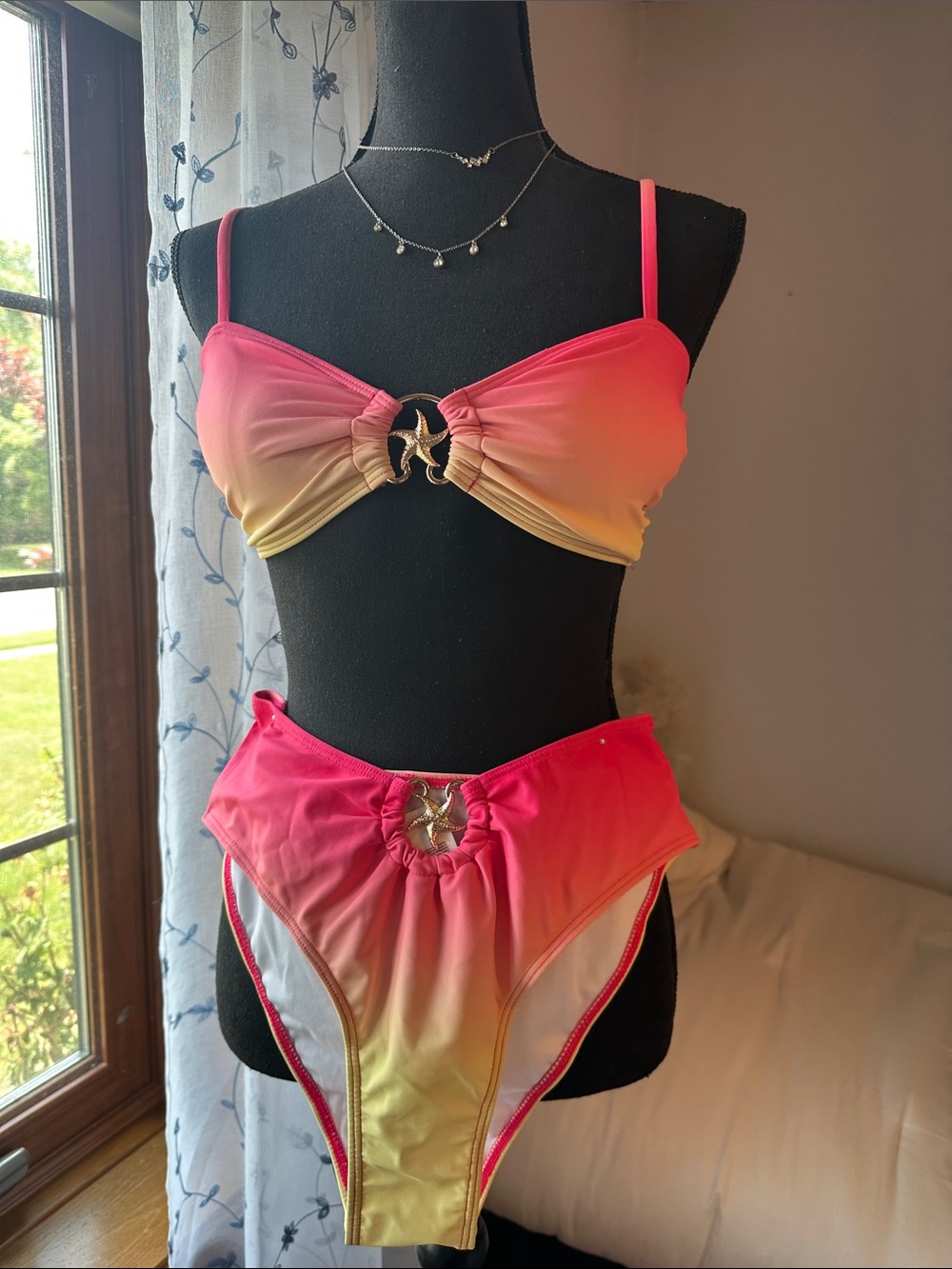 Cupshe Pink to Yellow Ombre High-Waist Bikini with Gold Star Accent